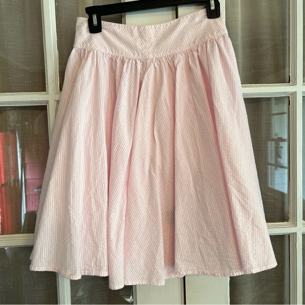 Ralph Lauren Pink Seersucker Gathered Flare Skirt Vertical Pin Stripes Midi SZ 2 - Picture 1 of 7